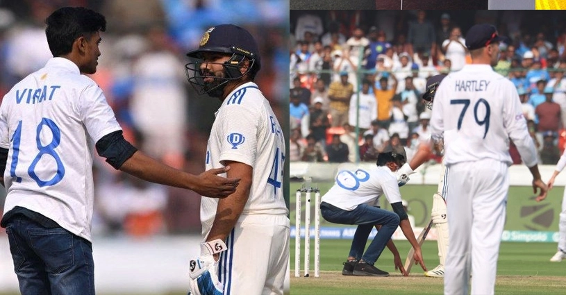 INDvEND 1st Test: Fan touches Rohit Sharma's feet & hugs him on field during live-match