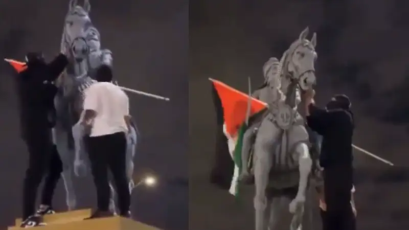 Punjab, Trending, Maharaja Ranjit Singh, Maharaja Ranjit Singh Pro-Palestine protestors, Maharaja Ranjit Singh Statue Pro Palestine, Maharaja Ranjit Singh Statue Brampton, Brampton  Maharaja Ranjit Singh Statue Defaced- True Scoop