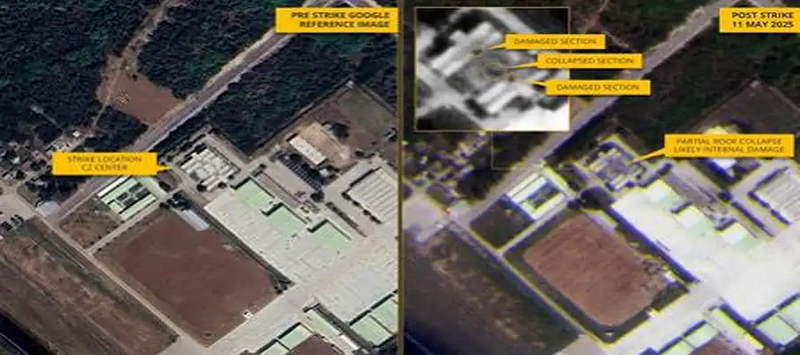 Murid airbase satellite image, Pakistan airbase damage, Command and Control building hit, Murid airbase structural damage, latest Pakistan military news, satellite imagery Pakistan airbase, Murid airbase attack 2025, defense satellite images Pakistan, military infrastructure damage Pakistan, Pakistan airbase news update- True Scoop